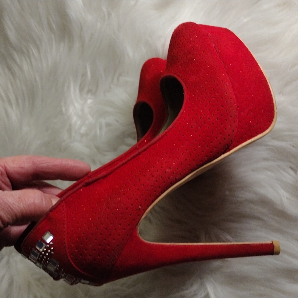 FRH stiletto platform red suede heels with bling sz 6